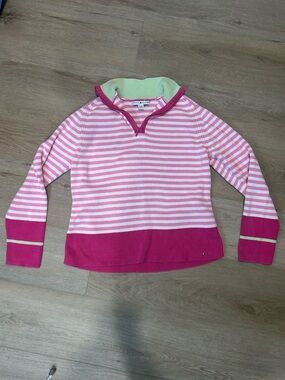 Tommy Hilfiger Pink Striped Quarter-Zip Pullover with Lime Collar